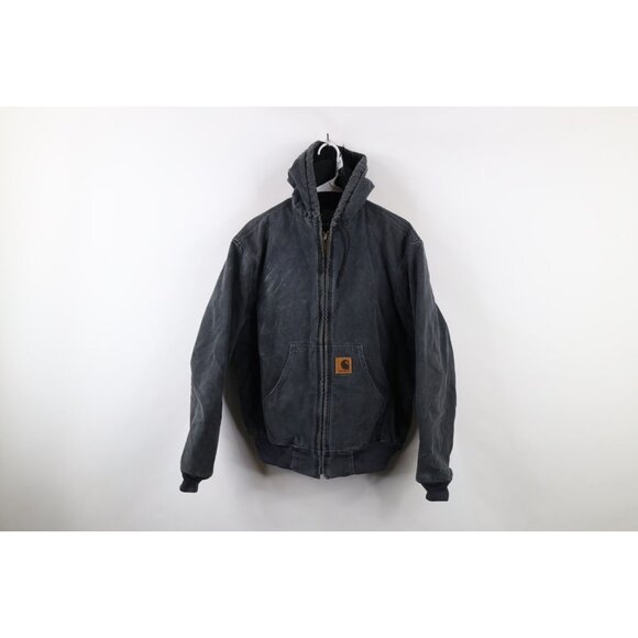 Vtg Y2K 2000 Carhartt Mens M Distressed Quilted Hooded Canvas Jacket Petrol Gray